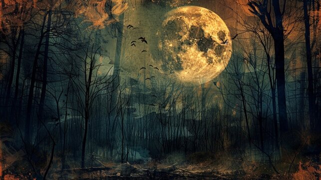 Moonlit Forest with Flock of Birds