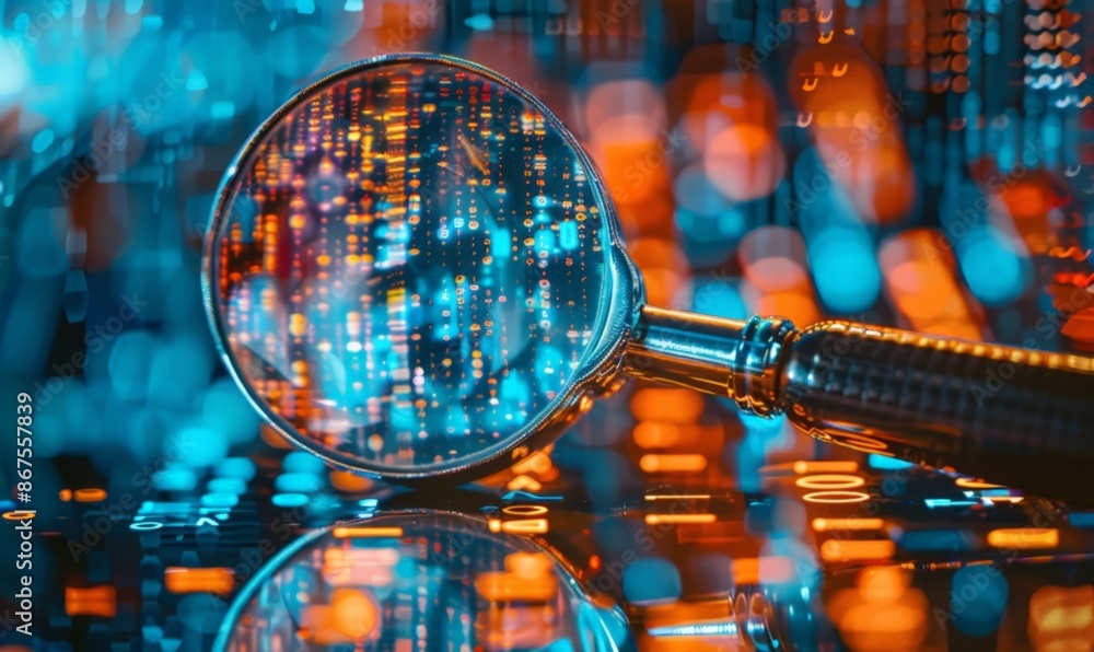 Poster digital data search: close-up of a magnifying glass on a blurred keyboard background