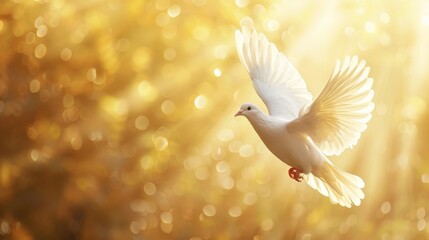 Fototapeta premium Pure white dove on a golden light background. Symbol of peace and hope. Design for poster, print, and greeting card