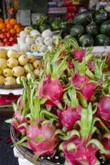 Hoi An, Vietnam - 5 Feb, 2024: Dragonfruit (Pitahaya) for sale from a fruit stall in Hoi An Central Market, Vietnam