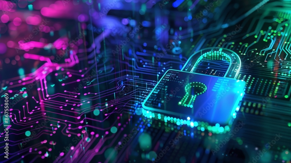 Poster cybersecurity lock icon on digital circuit background