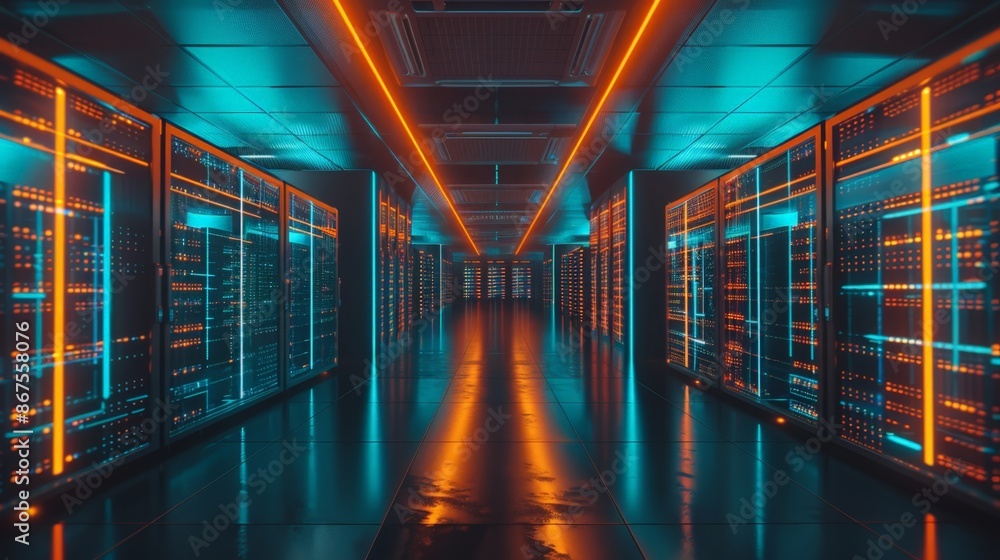 Poster high-tech data center hallway with glowing blue lights and rows of server racks