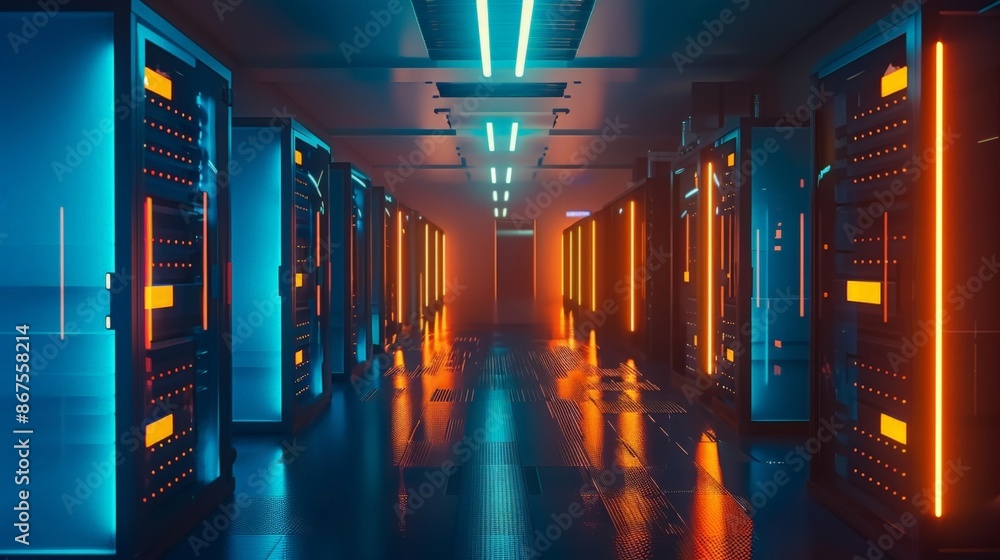 Poster high-tech data center with glowing neon lights and rows of server racks