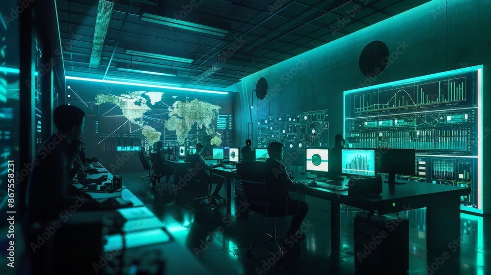 Poster high-tech control room with glowing screens and global map projection