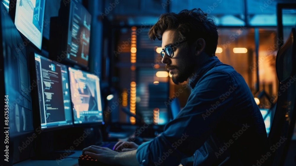 Poster busy tech professional in a dark room with multiple monitors