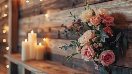 Obraz premium Floral and candle decor next to wooden wall in room