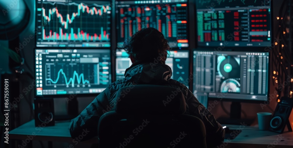 Poster Trader Monitoring Multiple Screens with Financial Data