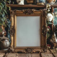 Ornate vintage photo frame with intricate details, surrounded by antique decor and floral elements, perfect for showcasing artwork or photographs.