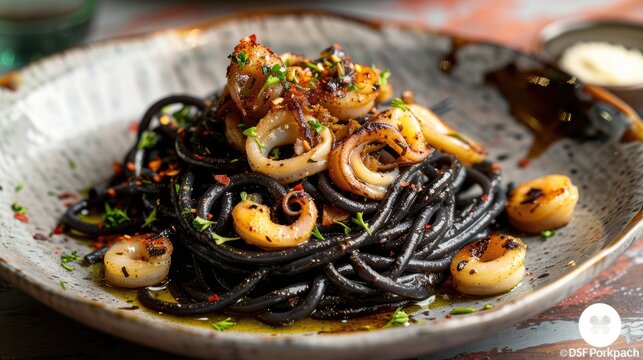 Squid ink spaghetti with sauteed squid garlic and oil seasoned with the cuttlefish ink
