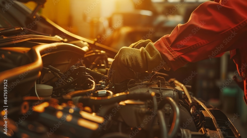 Poster mechanic at work: hands adjusting engine components