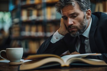 Tired Businessman Reading in Library, Professional Portrait
