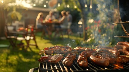 Sizzling BBQ Delight Mouthwatering Grilled Meats Sausages Amidst Sunlit Garden Party Atmosphere