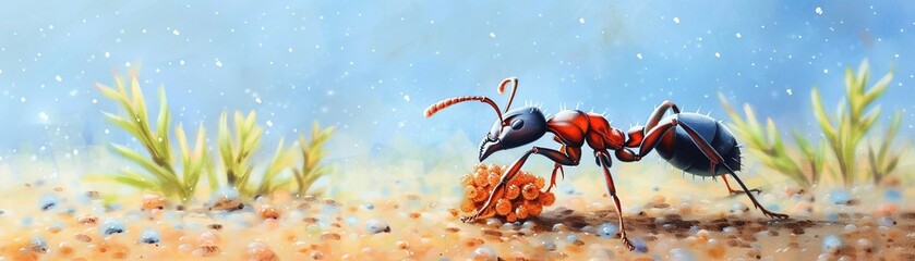 Naklejka premium Closeup of an ant carrying food crumbs, hyperrealistic detail, brown and black tones, watercolor style