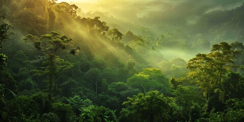 Obraz premium Lush Tropical Rainforest with Sunbeams Filtering Through
