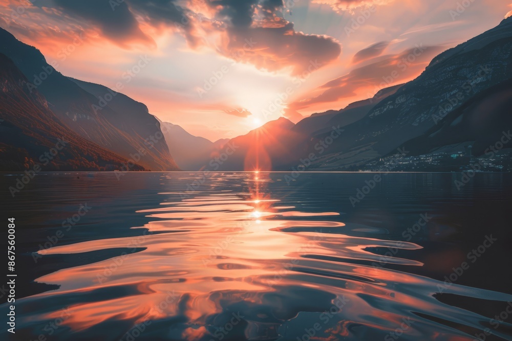 Wall mural Sunset Reflection on Calm Lake with Mountain Silhouette