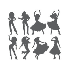 Obraz premium Silhouettes of three retro dancing woman, funk, soul and disco music - 60s, 70s style, Posing disco dancers isolated on white background. Hetero couple in party 1970s style clothing.