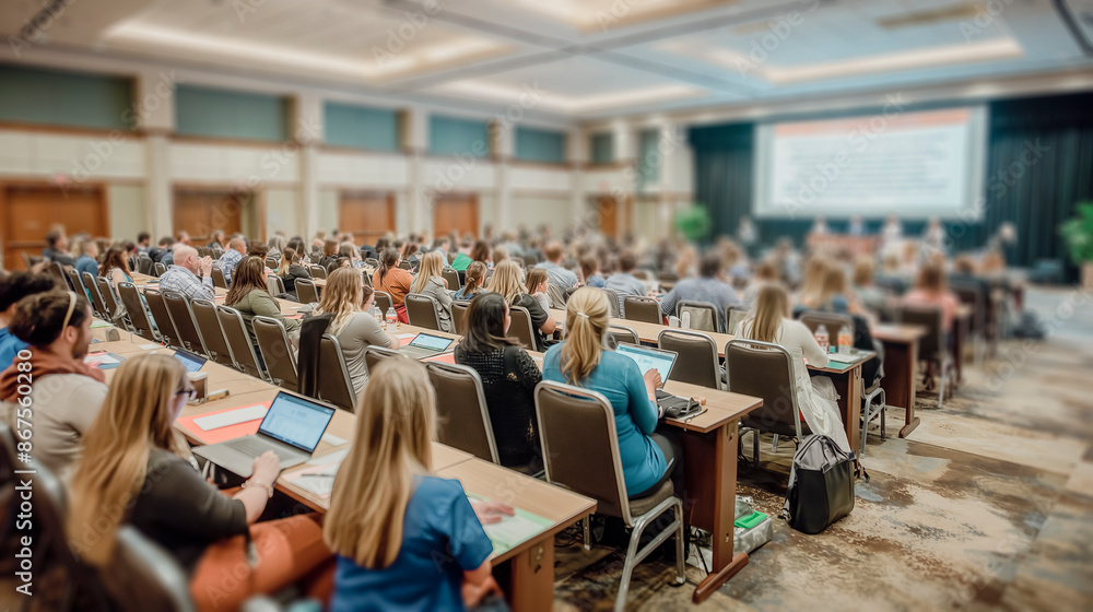 Poster attendees at a conference with laptops, focused on a presentation in a large hall, concept of profes