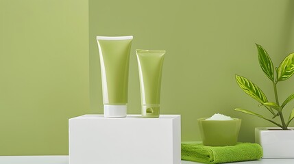 Medium-sized exfoliating gel tubes presented on a white podium against a lime backdrop.