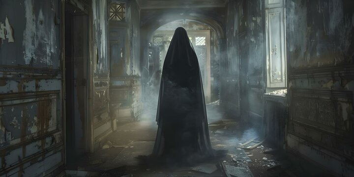 A ghostly figure of a veiled woman haunting the abandoned manor hall. Concept Supernatural Mystery, Haunted Mansion, Ghostly Apparition