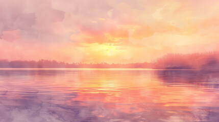 Obraz premium Watercolor sunset over tranquil lake with pastel tones