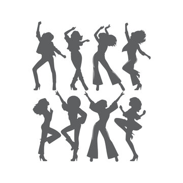 Silhouettes of three retro dancing woman, funk, soul and disco music - 60s, 70s style, Posing disco dancers isolated on white background. Hetero couple in party 1970s style clothing.