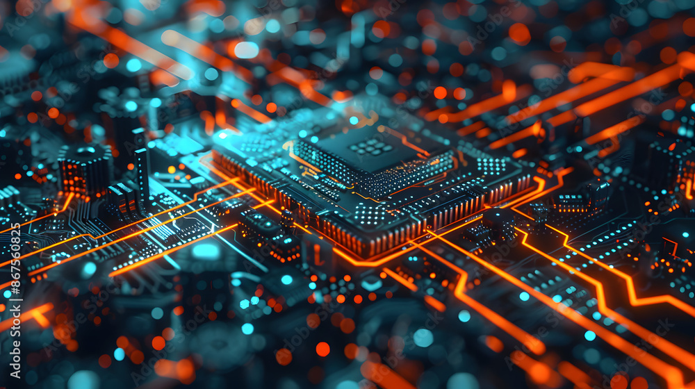 Poster artificial intelligence and ai technology concept processor chip or mother board background llms