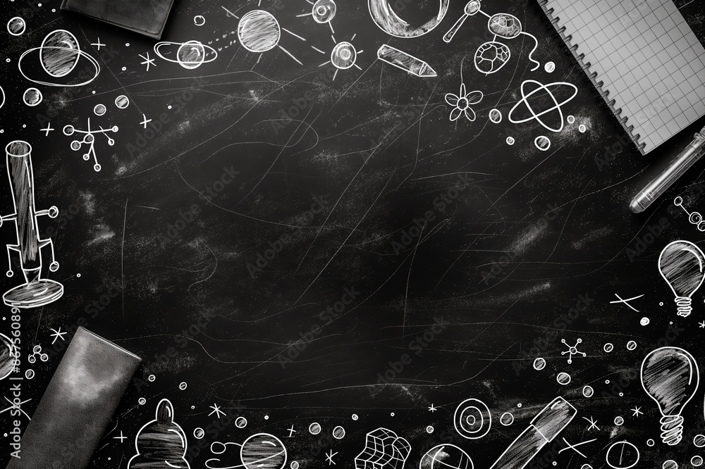 Aufkleber A chalkboard with science-related doodles and a blank notebook on a dark background, expressing a concept of education. Generative AI