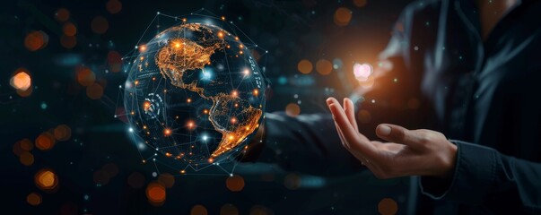 Global Connectivity Corporate Leader Embracing Technological Progress with Digital Globe and Tech Icons Innovative and Futureforward Concept on Dark Abstract Background Sony a7c ii Camera Style