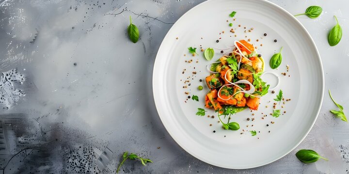 Top-down view of Sri Lankan Ambul Thiyal dish served on a white plate. Concept Sri Lankan cuisine, Ambul Thiyal dish, Food photography, Styling presentation, Top-down view