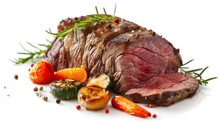 roasted beef steak with vegetables isolated on white background