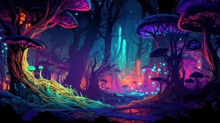 Fototapeta premium Neon Glowing Mushroom Forest Landscape, Fantasy Background