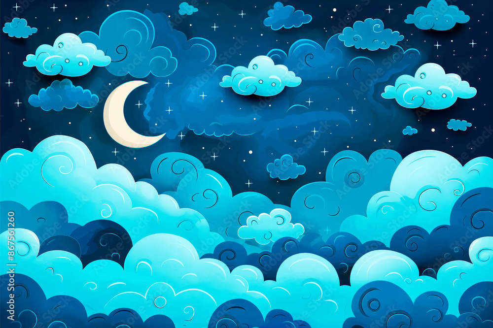 Aufkleber a whimsical illustration of smiling clouds and a crescent moon in a starry sky, with a concept of dr