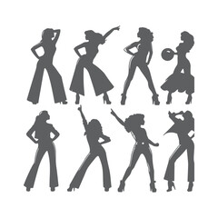 Silhouettes of three retro dancing woman, funk, soul and disco music - 60s, 70s style, Posing disco dancers isolated on white background. Hetero couple in party 1970s style clothing.