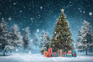 Santa's Christmas Tree with Gifts in a Snowy Forest