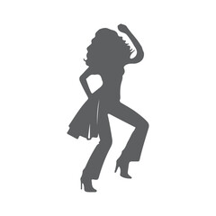 Silhouettes of three retro dancing woman, funk, soul and disco music - 60s, 70s style, Posing disco dancers isolated on white background. Hetero couple in party 1970s style clothing.