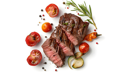 roasted beef steak with vegetables isolated on white background