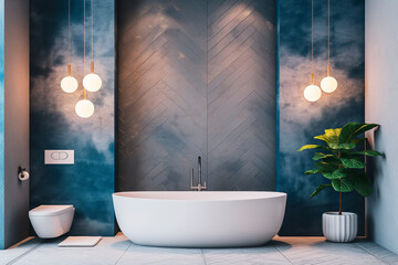 Modern bathroom interior with bathtub, indirect lighting on a dark textured background, showcasing a stylish, minimalist design. Generative AI