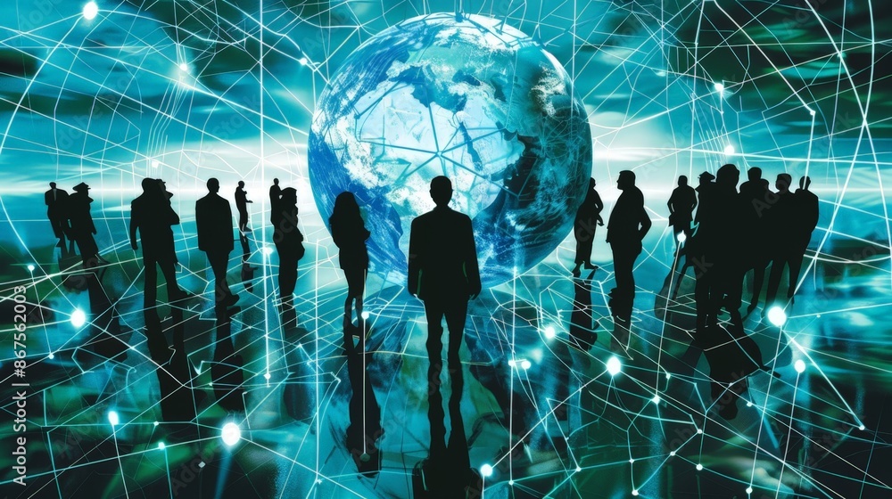 Poster global networking: silhouetted professionals surrounding a globe with digital lines connecting them