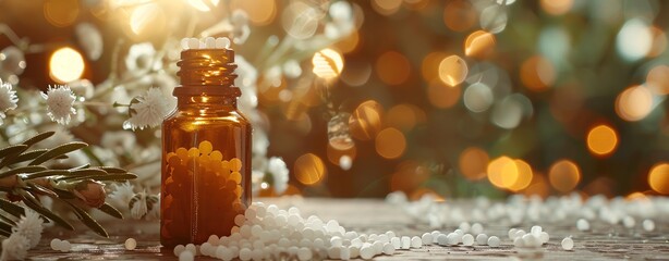 Using a homeopathic remedy, close-up, warm tone, ample copy space