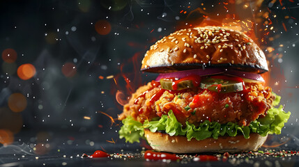chicken burger on black background