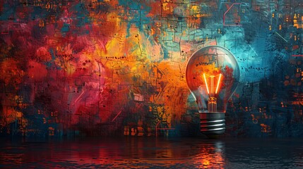 Abstract colorful painting with illuminated light bulb, creativity concept