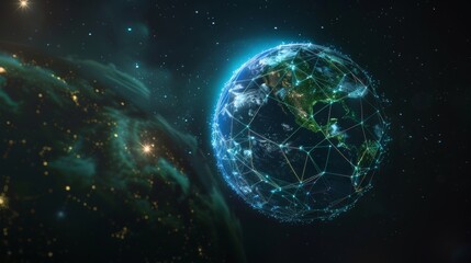 Obraz premium Global Network Futuristic Earth Visualization with Vibrant Digital Overlay in Starry Space Background