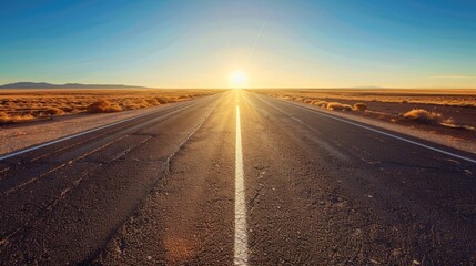 Naklejka premium Desert Highway at Sunrise: Empty Road Leading to the Horizon