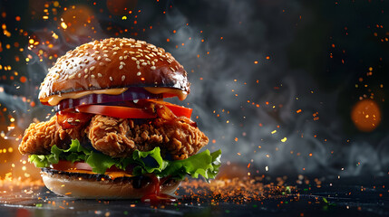 chicken burger on black background
