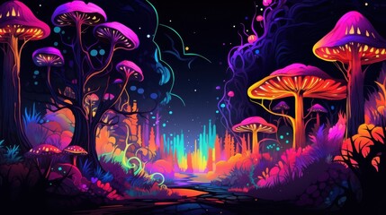 Fototapeta premium Glowing Neon Mushroom Forest Fantasy Landscape