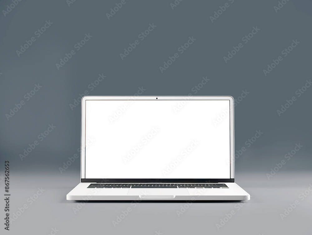 Aufkleber mockup of a laptop with a blank screen on a clean grey background, concept for design presentation. 