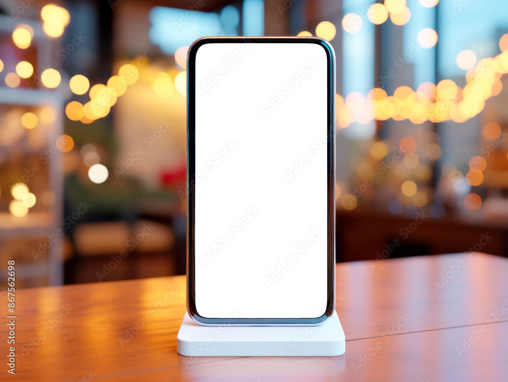 Poster a smartphone with a blank screen on a wooden desk, against a blurred background with warm bokeh ligh
