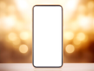 A smartphone with a blank screen on a bokeh lights background, concept of technology mockup. Generative AI