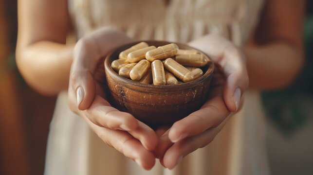 Natural Supplement Capsules in a Wooden Bowl: Organic Supplements for Wellness, Herbal Capsules for Holistic Health, and Nutritional Support with Natural Capsules ,Natural supplement capsules