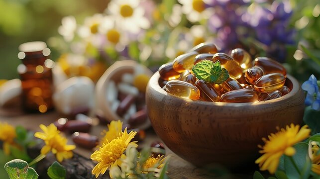 Taking herbal medicine, close-up, warm tone, ample copy space